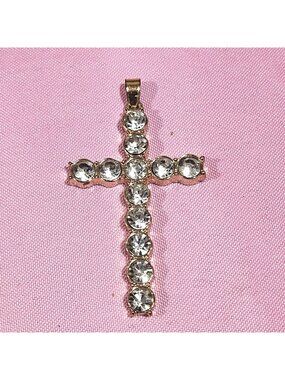 Gold-Tone Cross Pendant With Sparkling Rhinestones 2" Long Stylish
